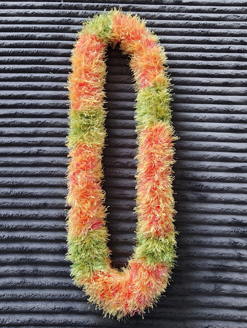 Tripple Braided Tropical Soft, Fuzzy Eyelash Yarn Lei in Orange, Yellow & Green